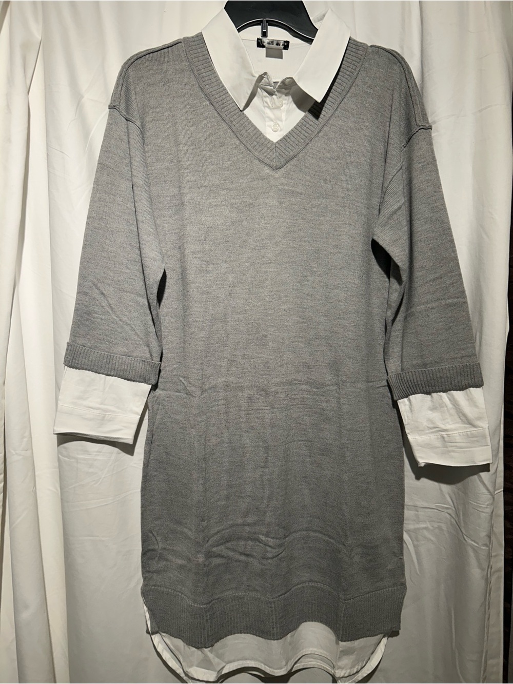 VENUS Gray V-Neck Midi Sweater Dress with White Shirt Detail